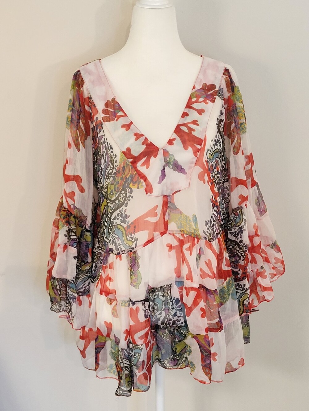 Antica Sartoria Positano Sheer Chiffon Ruffle Hem Boho Resort Blouse OS